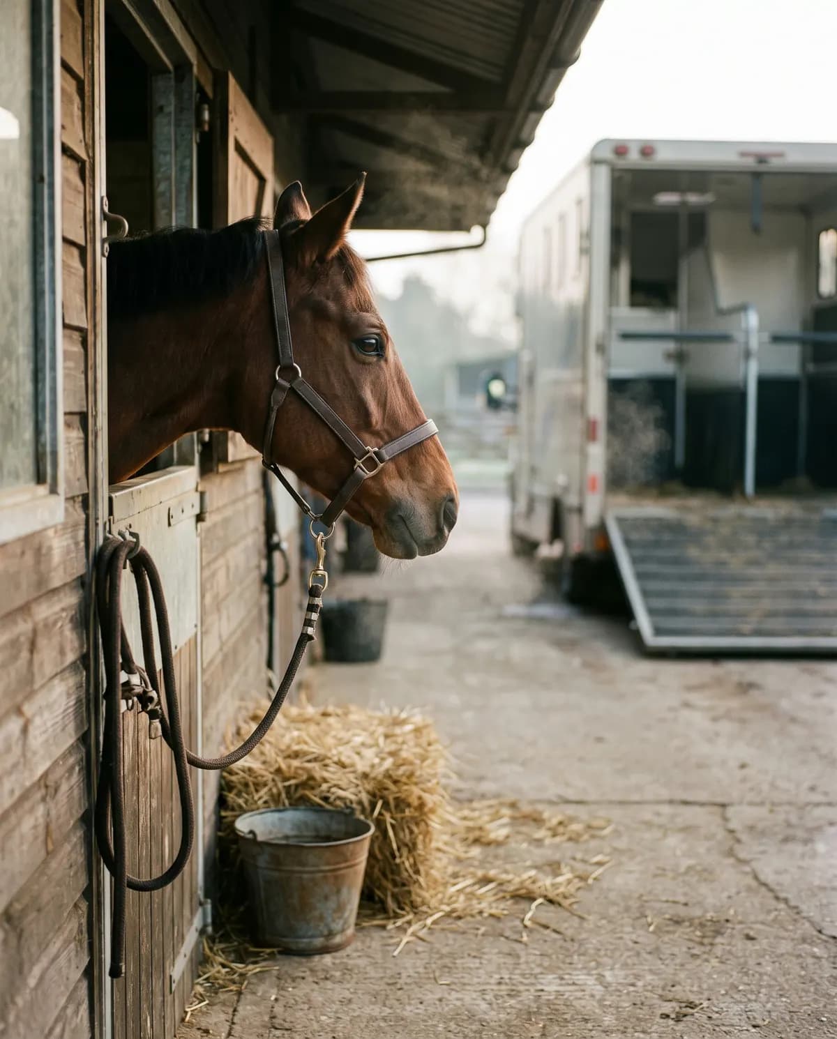 馬房の扉から顔を出す馬。奥の庭には馬運車が待っている。