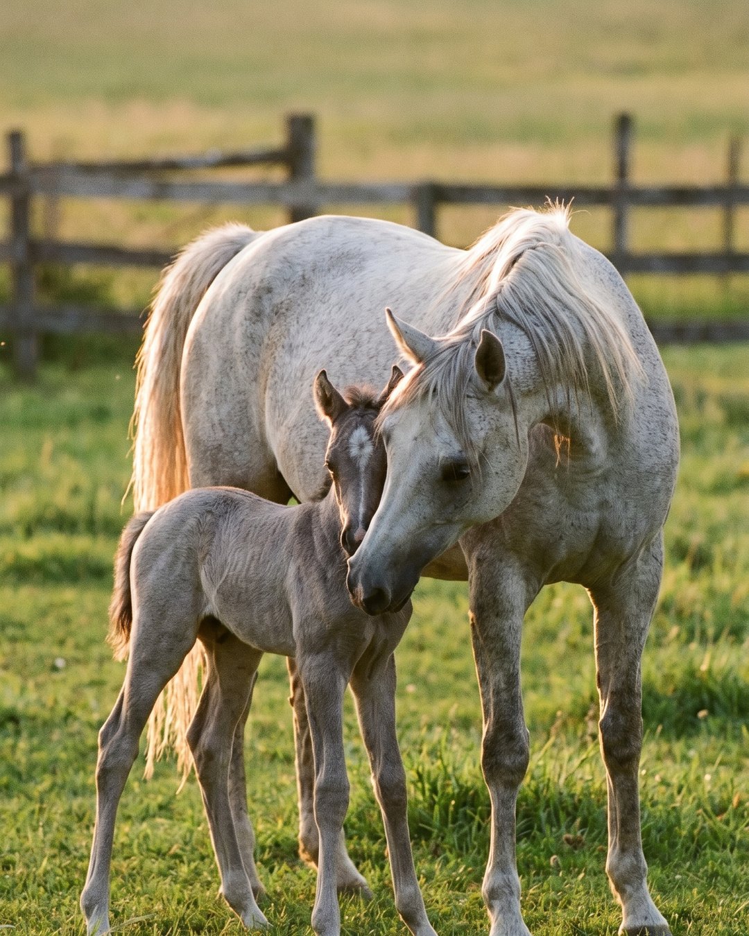 Grey mare with her foal